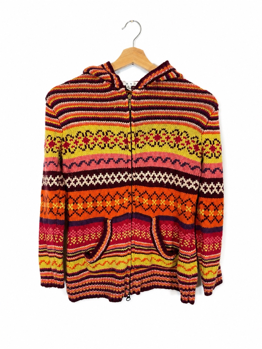 Cabi Fair Isle Zip Hooded Sweater Angora Blend Striped Boho Size S Retro Vintage